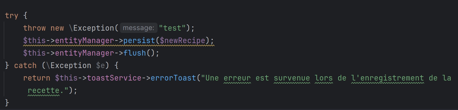 Test d'une erreur try/catch