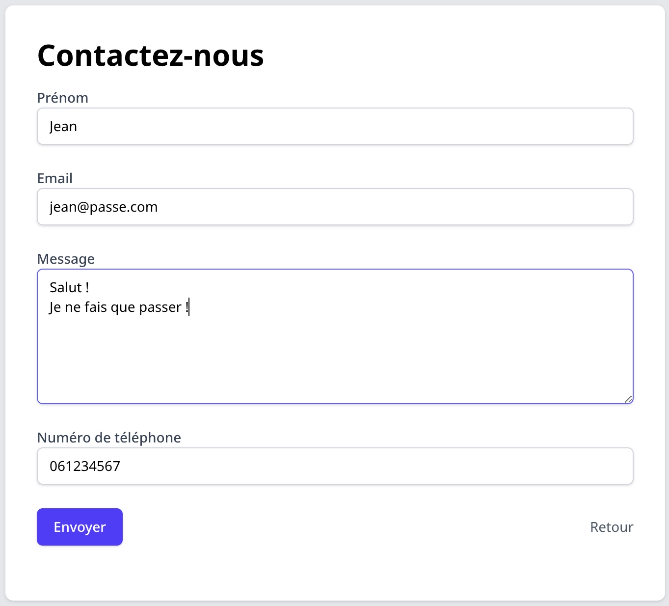 Formulaire de contact rempli