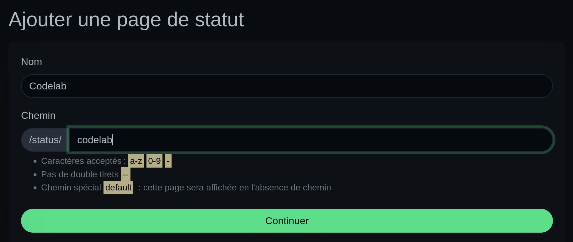 Nouvelle page de statut