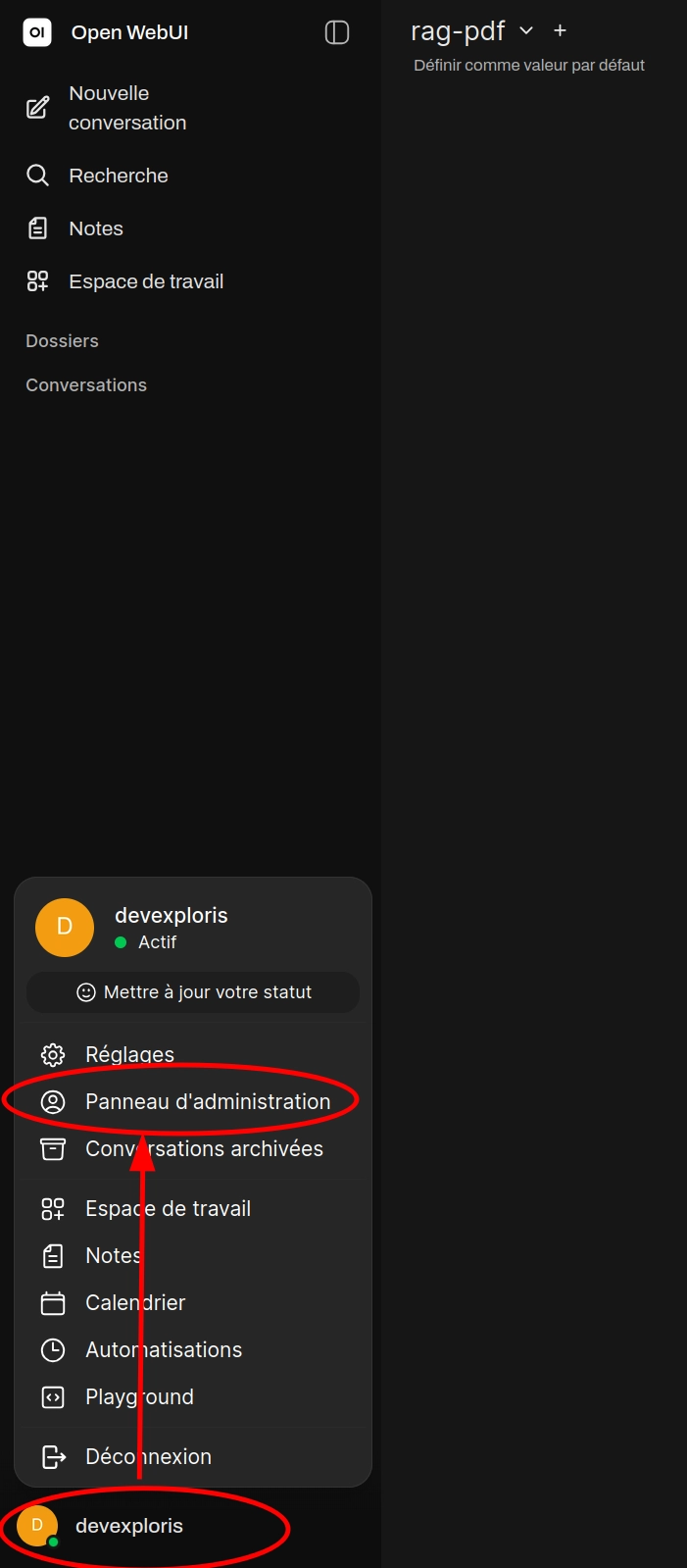 Menu de OpenWebUI
